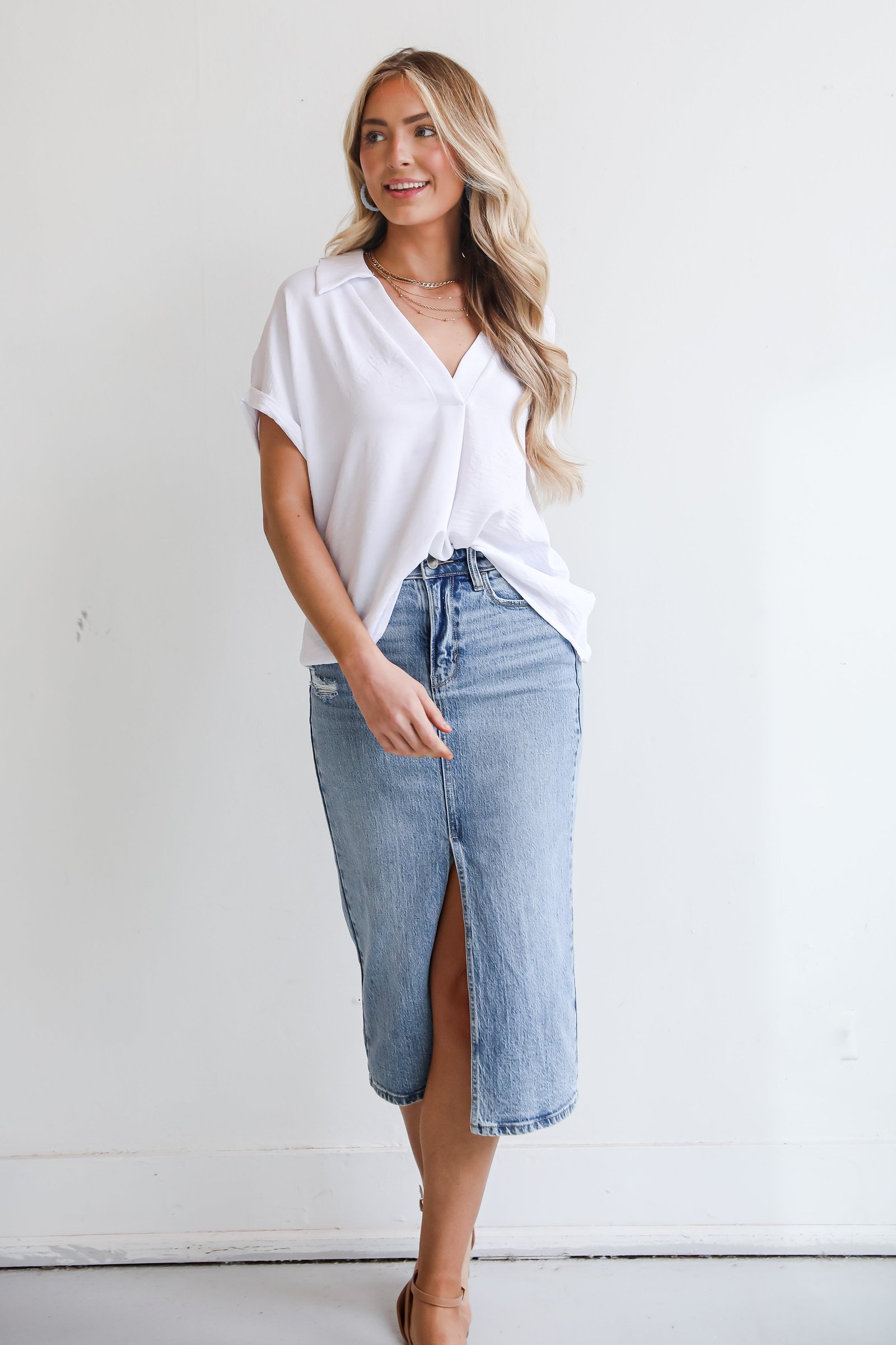 Make It Easy Medium Wash Denim Midi Skirt EO8