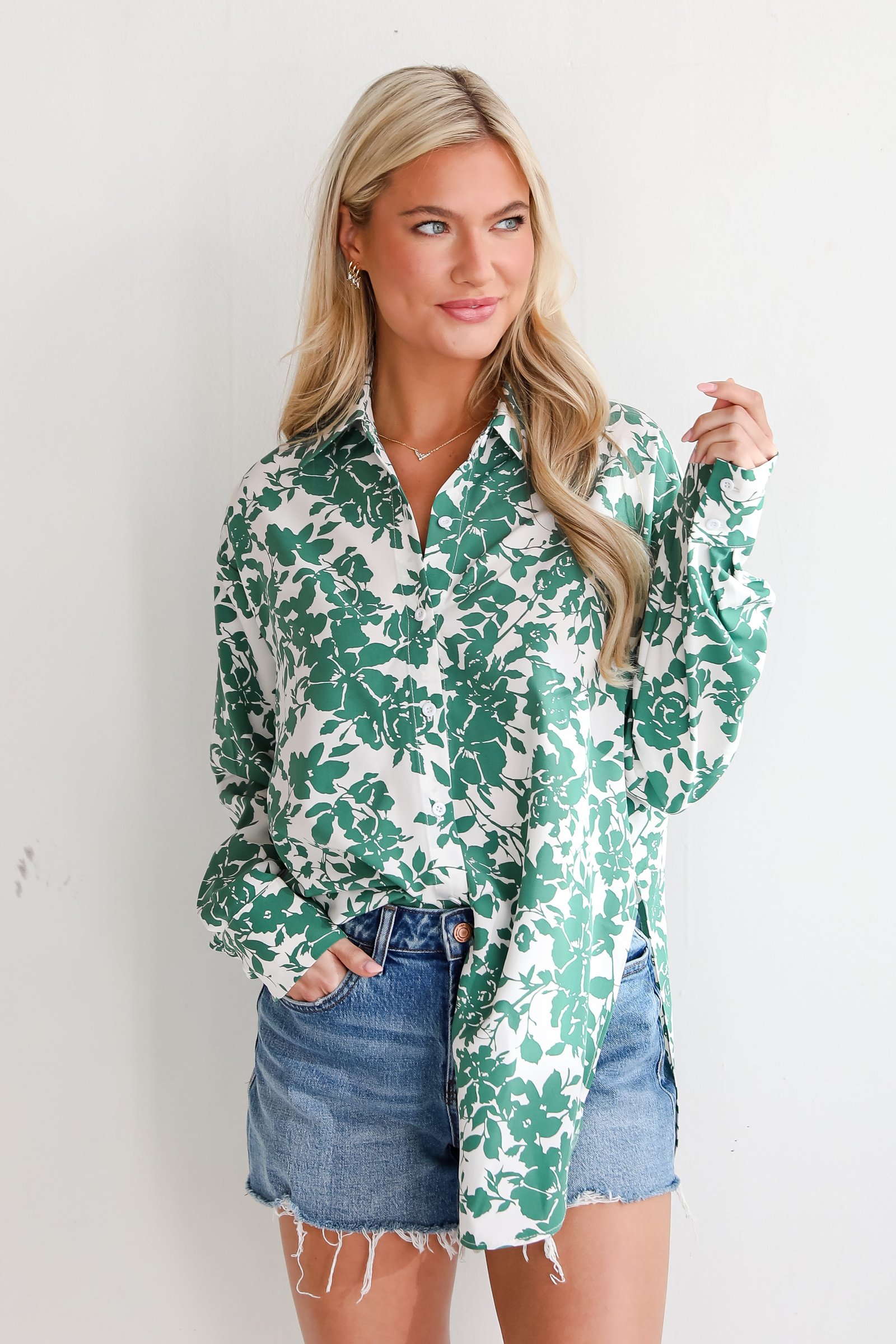 Island Sunsets Green Floral Button-Up Blouse BL5