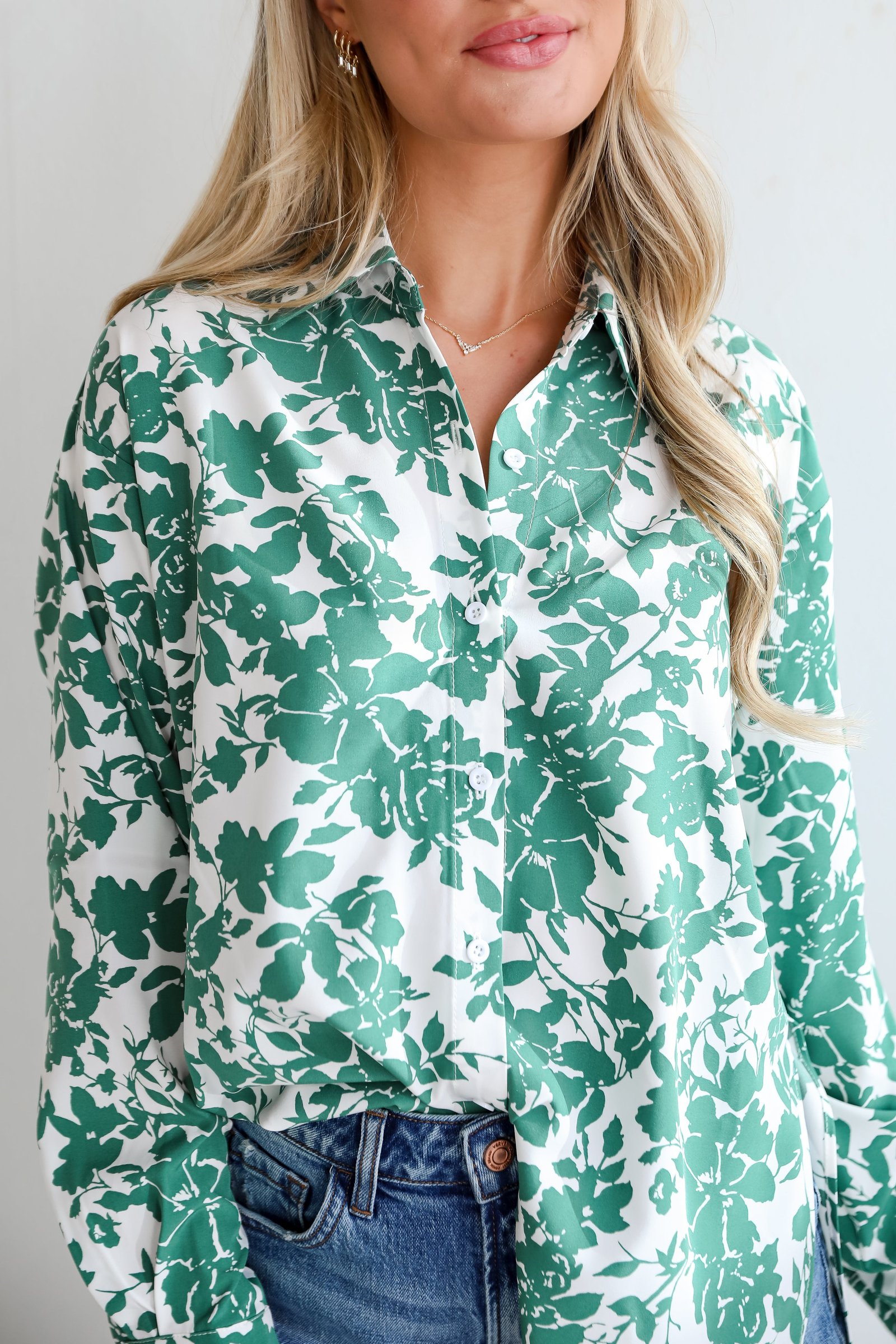 Island Sunsets Green Floral Button-Up Blouse BL5