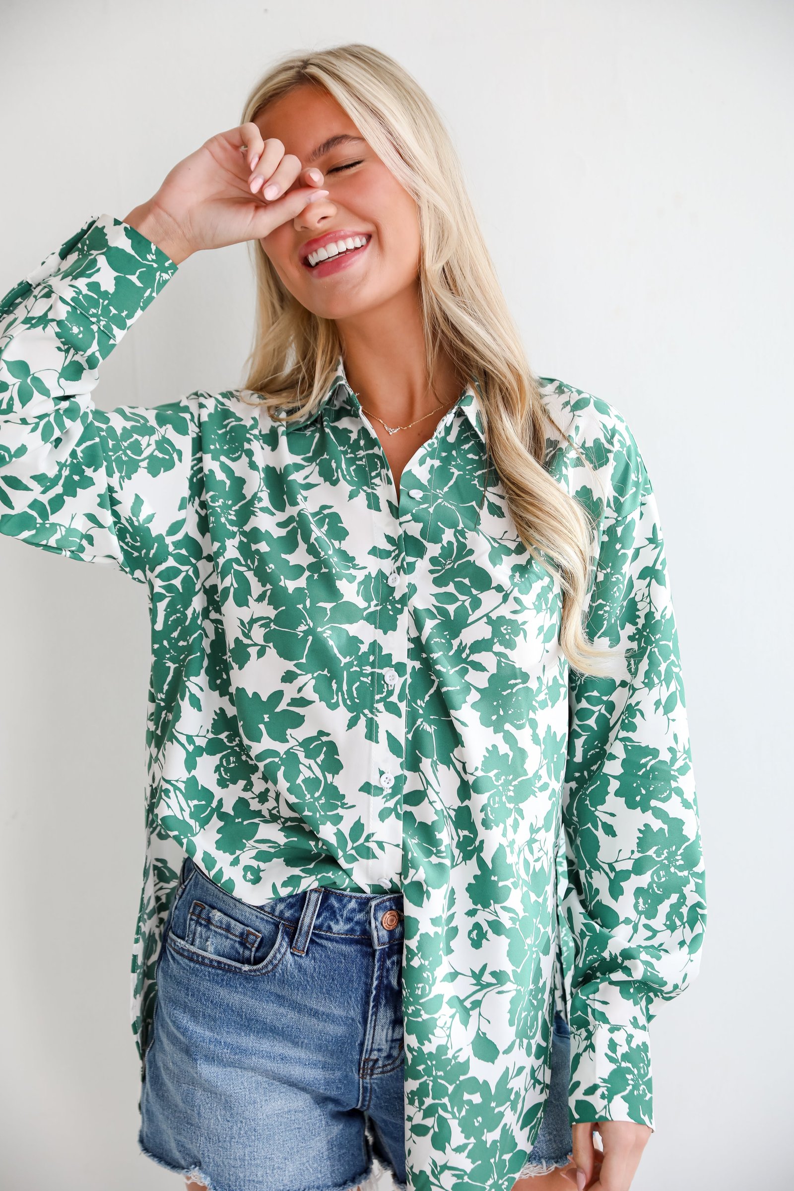 Island Sunsets Green Floral Button-Up Blouse BL5