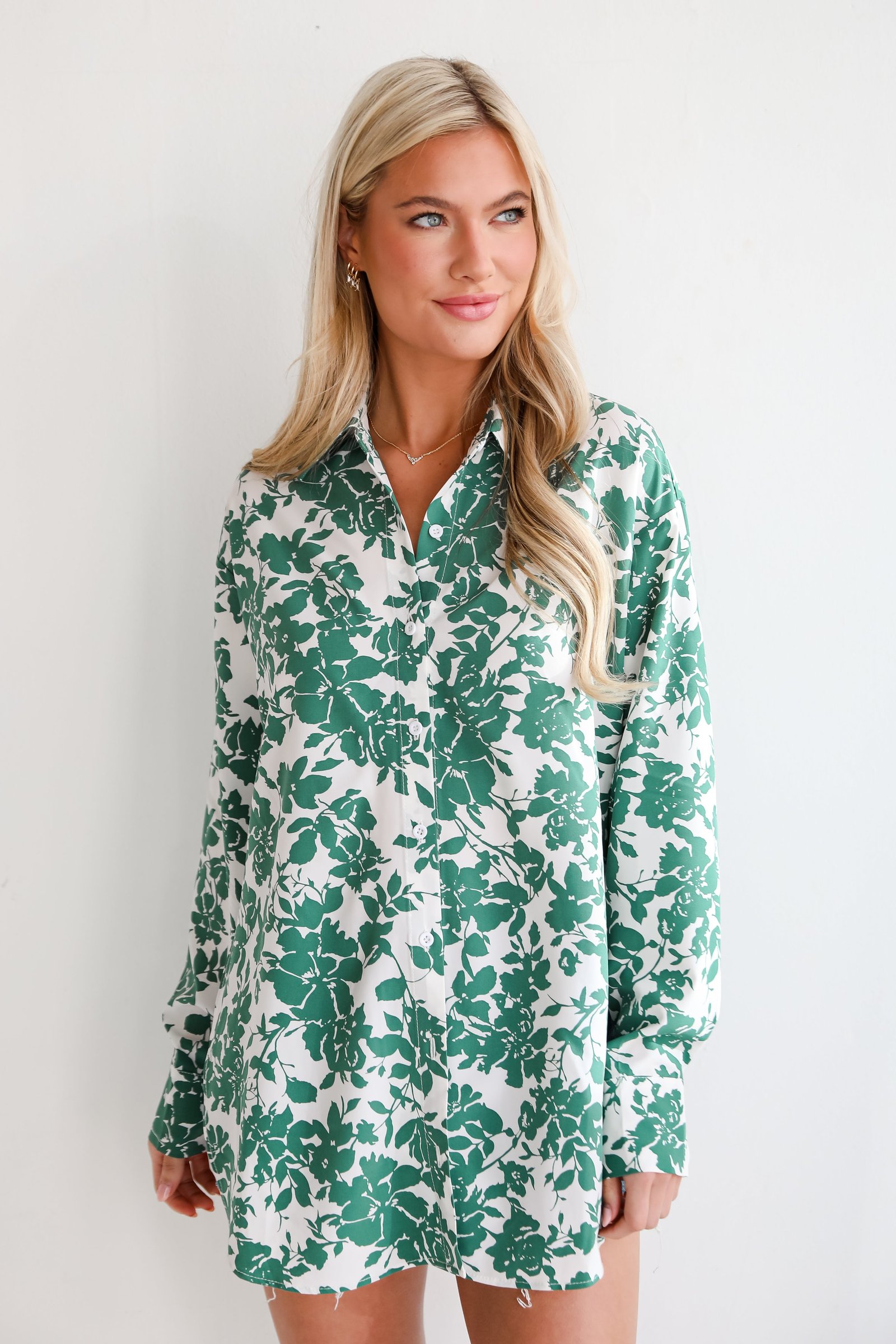 Island Sunsets Green Floral Button-Up Blouse BL5