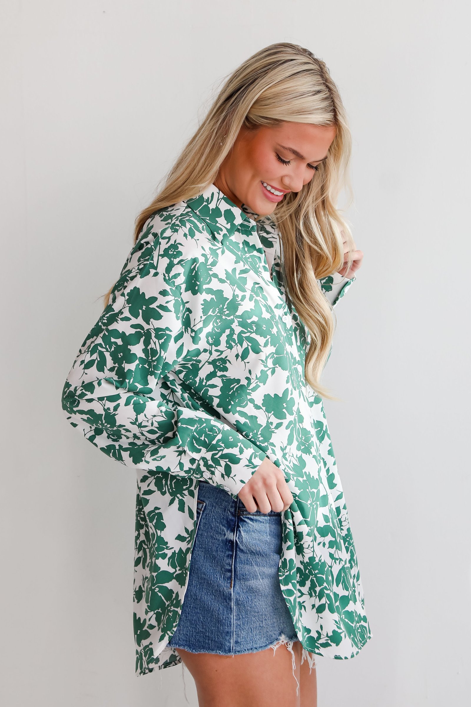 Island Sunsets Green Floral Button-Up Blouse BL5