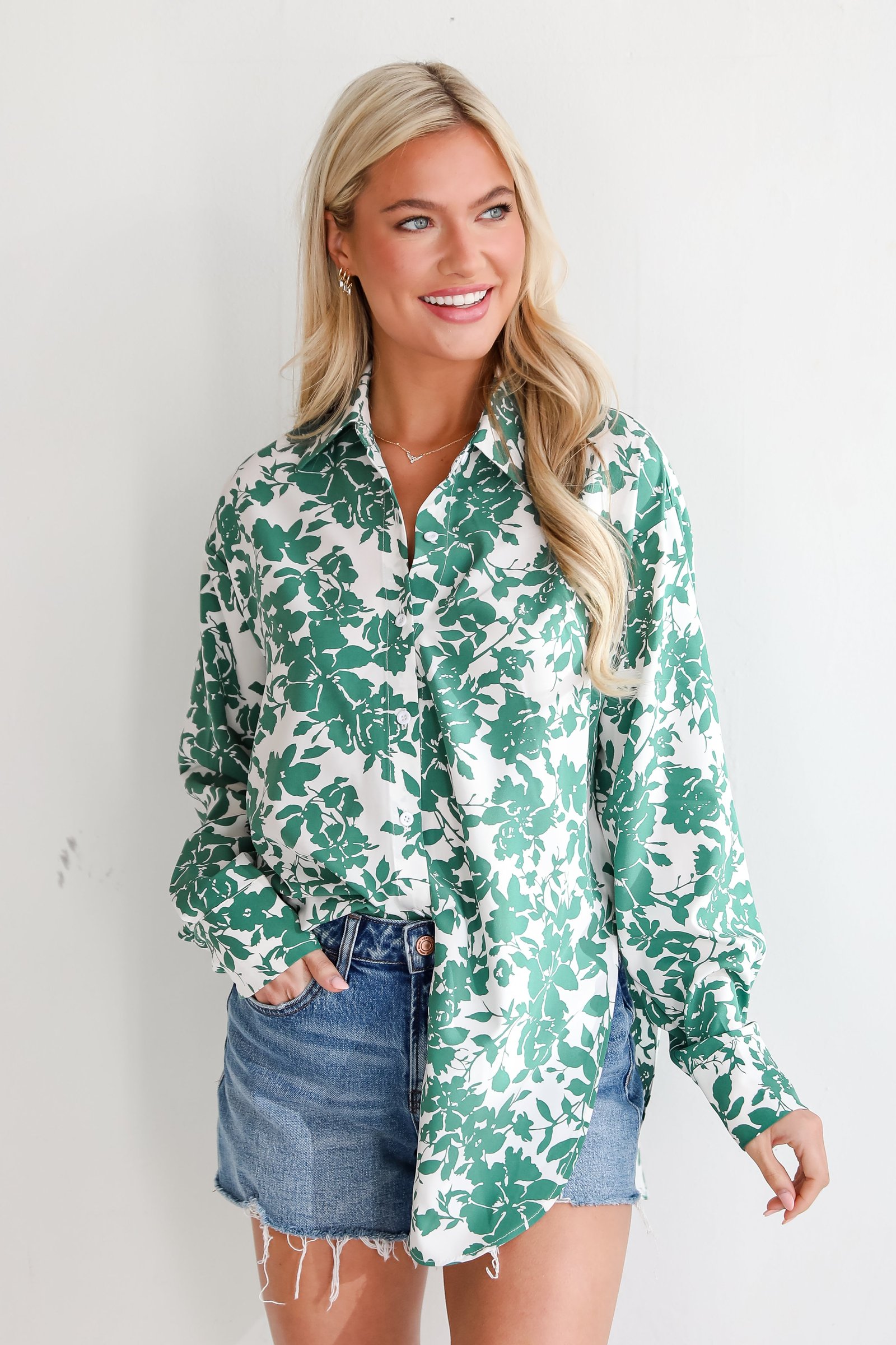 Island Sunsets Green Floral Button-Up Blouse BL5